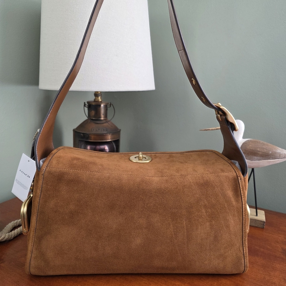 Coach CDZ13 Turnlock Haversack Brown Suede Brass Shoulder Bag NWT - Picture 3 of 16